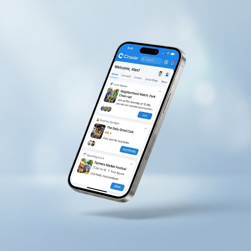 Circular app on a smartphone showing local updates, business profiles and events
